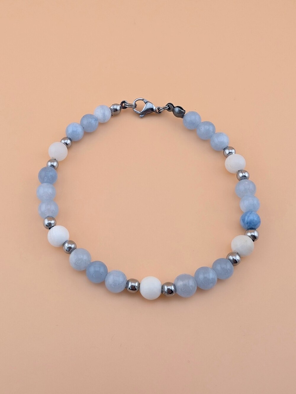 Aquamarine Beaded Bracelet Silver White Accent Stone Beads